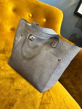 Portland Leather Blue-Gray Pebbled Tote with Front Slip Pocket